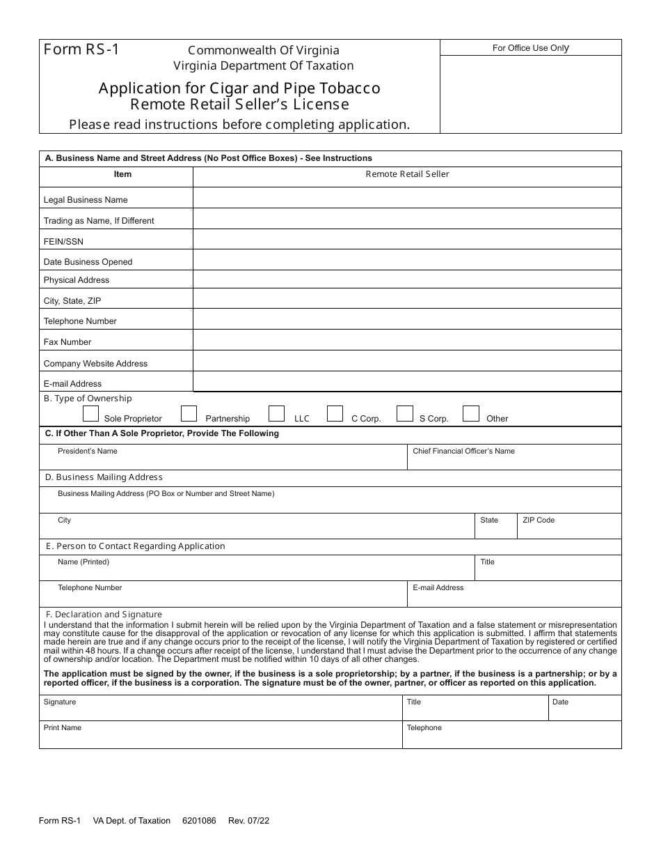Form RS-1 Application for Cigar and Pipe Tobacco Remote Retail Sellers License - Virginia, Page 1