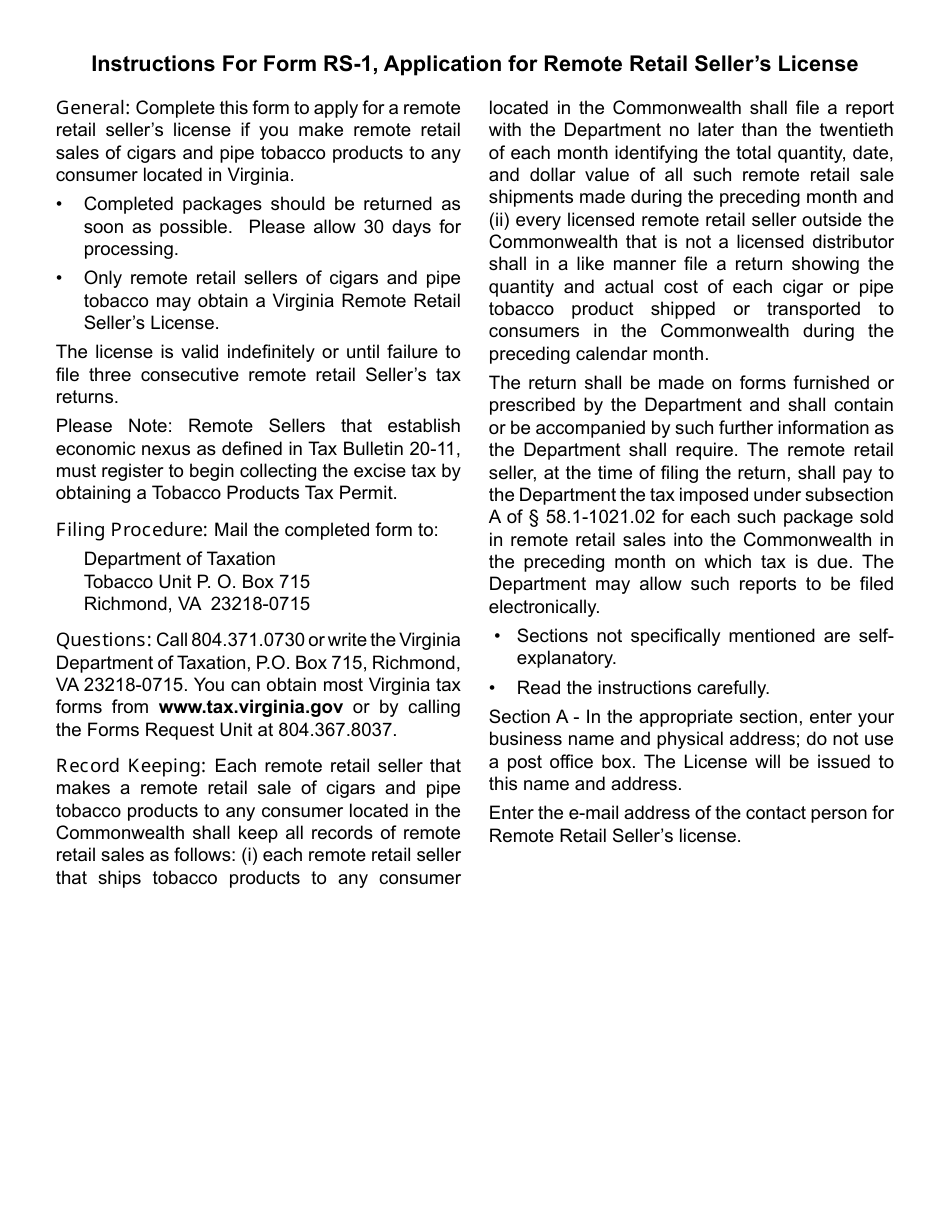 Form RS-1 Application for Cigar and Pipe Tobacco Remote Retail Sellers License - Virginia, Page 2