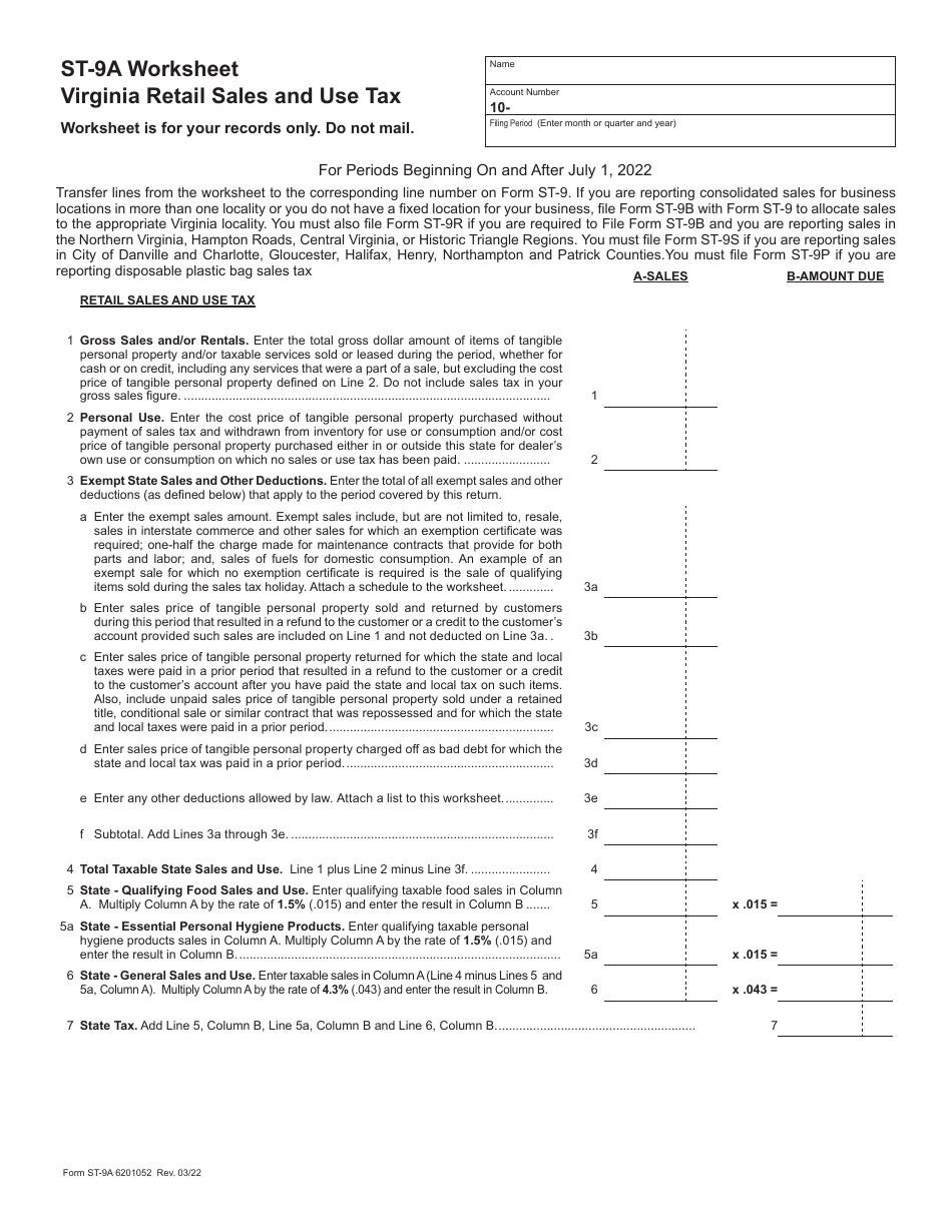 Form ST9 Download Fillable PDF or Fill Online Virginia Retail Sales