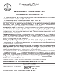 Document preview: Form ST-50 Temporary Sales Tax Certificate/Return (Use This Form for Events Held on or After July 1, 2022) - Virginia