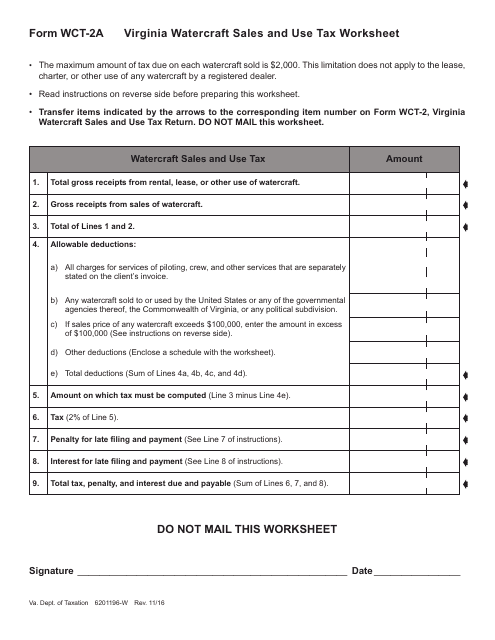 Form WCT-2A Virginia Watercraft Sales and Use Tax Worksheet - Virginia