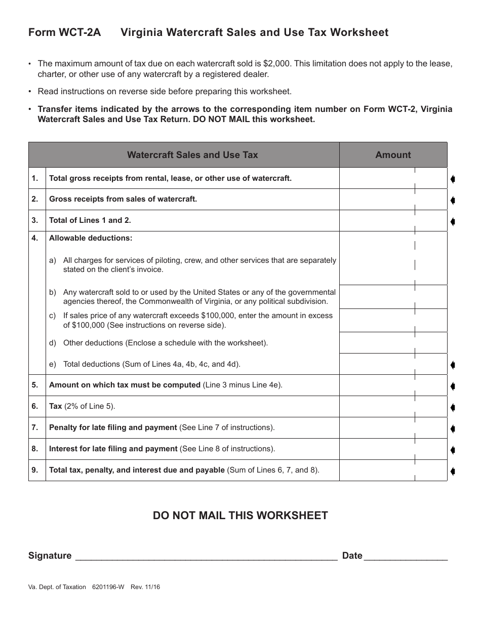 Form WCT-2A Virginia Watercraft Sales and Use Tax Worksheet - Virginia, Page 1