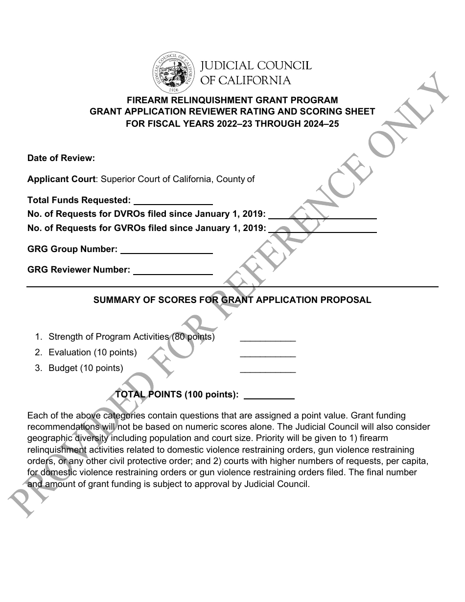 Grant Application Reviewer Rating and Scoring Sheet - Firearm Relinquishment Grant Program - California, Page 1