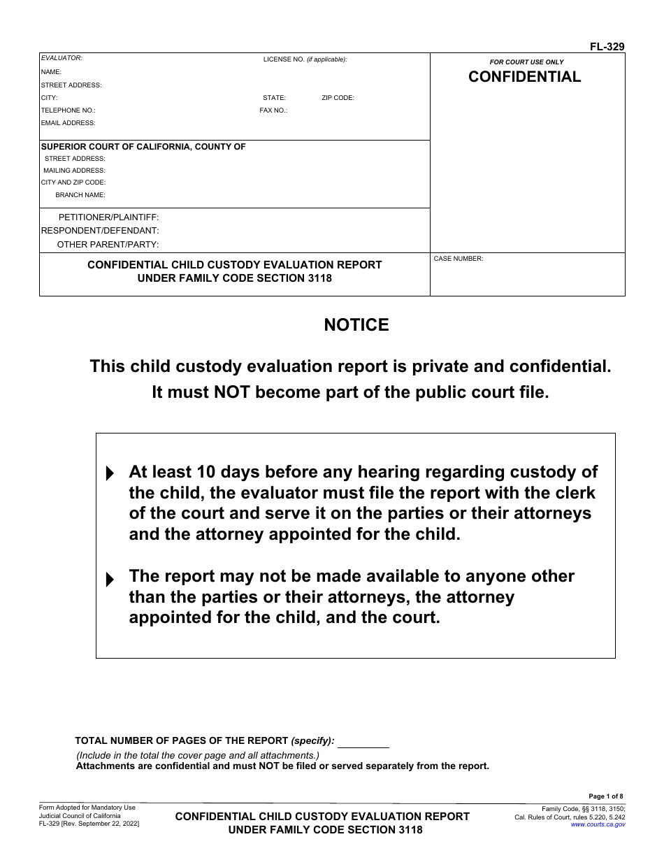 Form FL-329 Confidential Child Custody Evaluation Report Under Family Code Section 3118 - California, Page 1