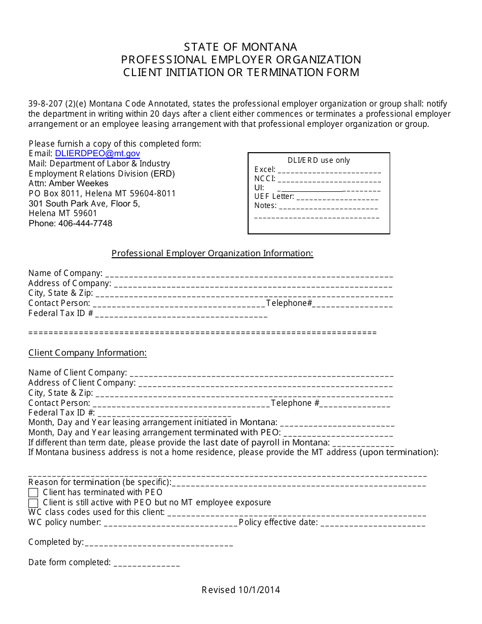 Professional Employer Organization Client Initiation or Termination Form - Montana, Page 1