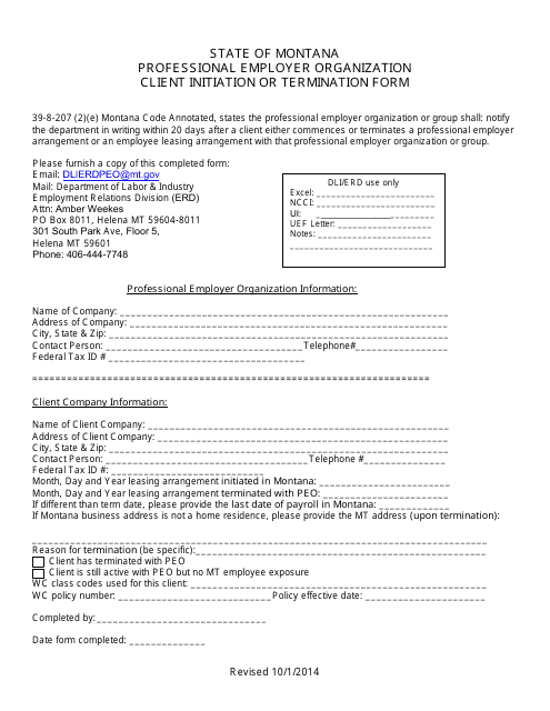 Professional Employer Organization Client Initiation or Termination Form - Montana