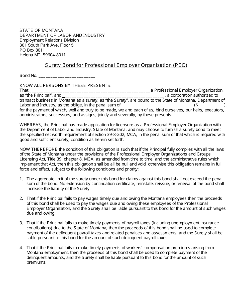 Montana Surety Bond for Professional Employer Organization (Peo) Fill