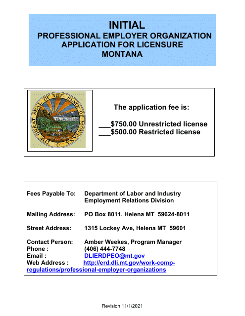 Initial Professional Employer Organization Application for Licensure - Montana Download Pdf