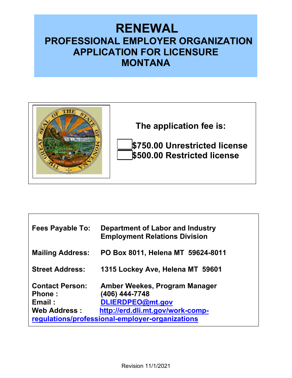Renewal Professional Employer Organization Application for Licensure - Montana, Page 1