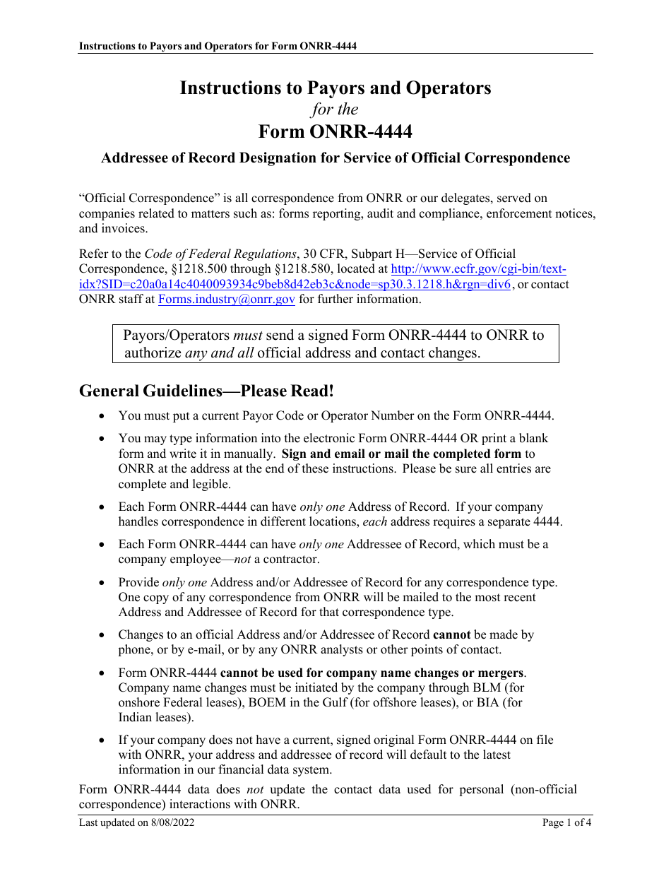 Instructions for Form ONRR-4444 Addressee of Record Designation for Service of Official Correspondence, Page 1