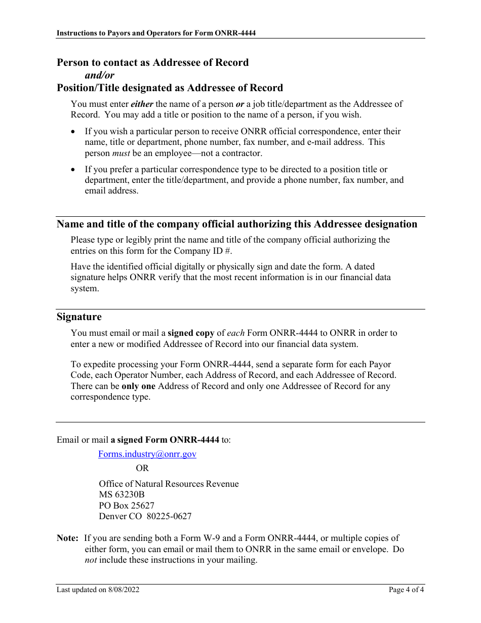 Instructions for Form ONRR-4444 Addressee of Record Designation for Service of Official Correspondence, Page 4