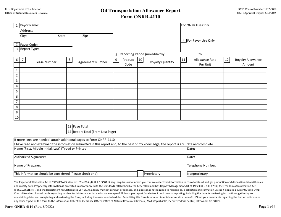 Form ONRR-4110 Oil Transportation Allowance Report, Page 1