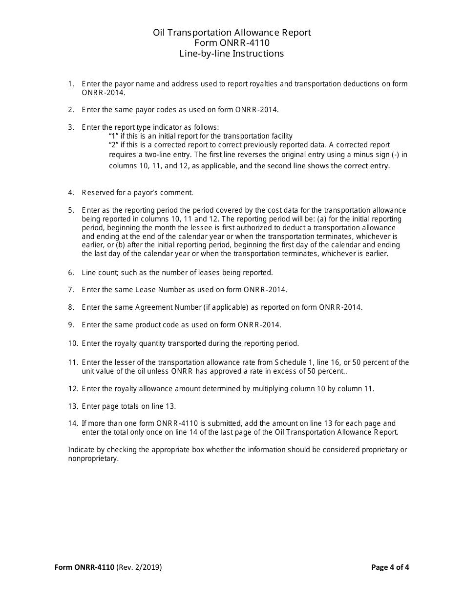 Form ONRR-4110 Oil Transportation Allowance Report, Page 4
