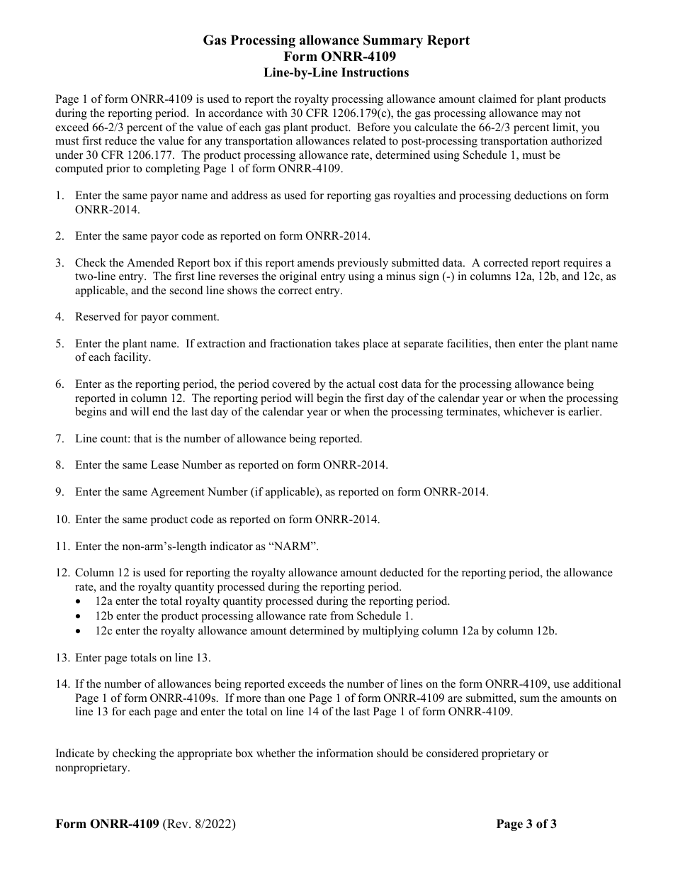 Form ONRR-4109 Gas Processing Allowance Report, Page 3
