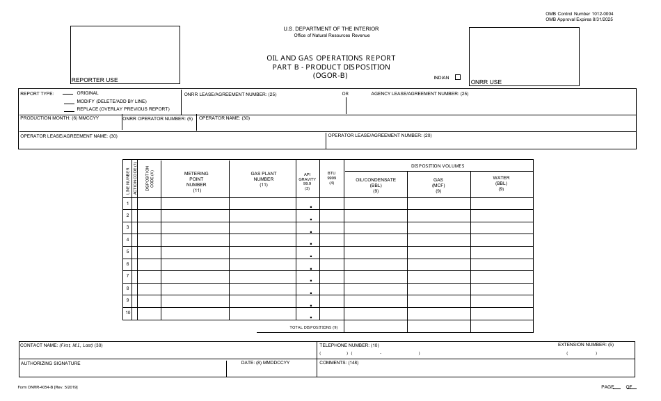 Form ONRR-4054 Part B Oil and Gas Operations Report - Product Disposition (Ogor-B), Page 1