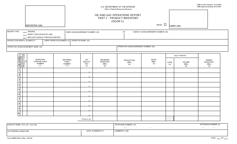 Form ONRR-4054 Part C Oil and Gas Operations Report - Product Inventory (Ogor-C), Page 1