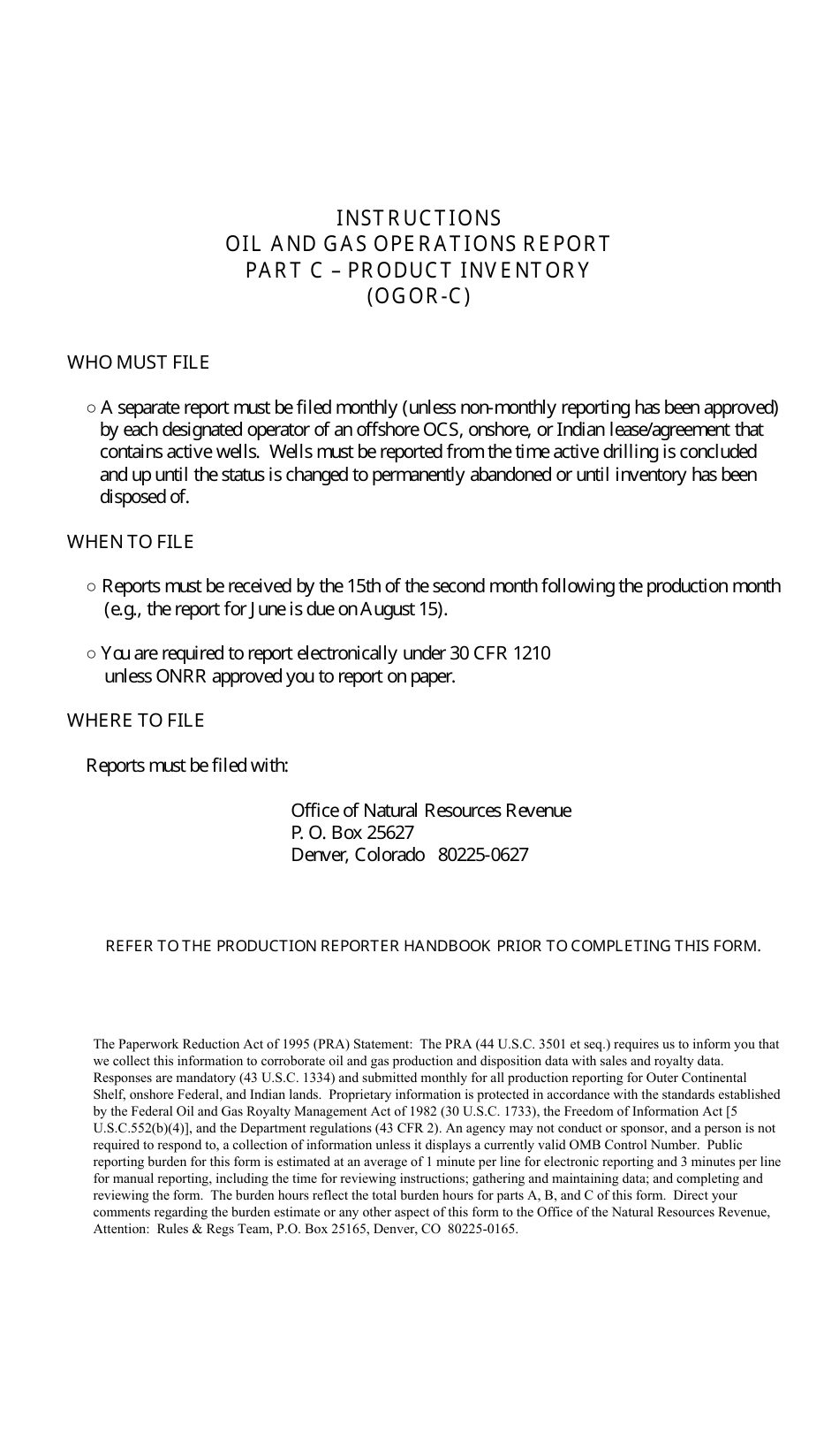 Form ONRR-4054 Part C Oil and Gas Operations Report - Product Inventory (Ogor-C), Page 2