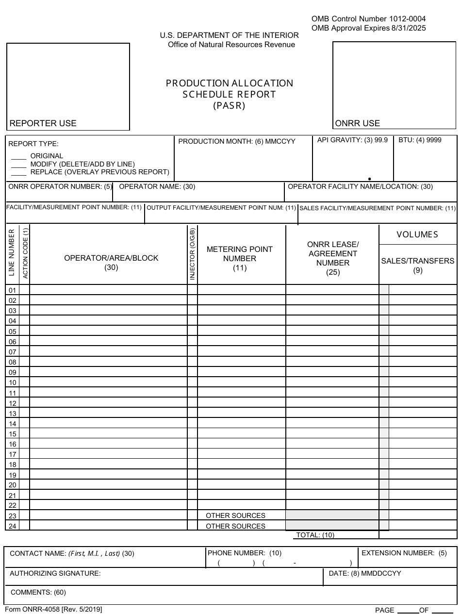 Form ONRR-4058 Production Allocation Schedule Report (Pasr), Page 1