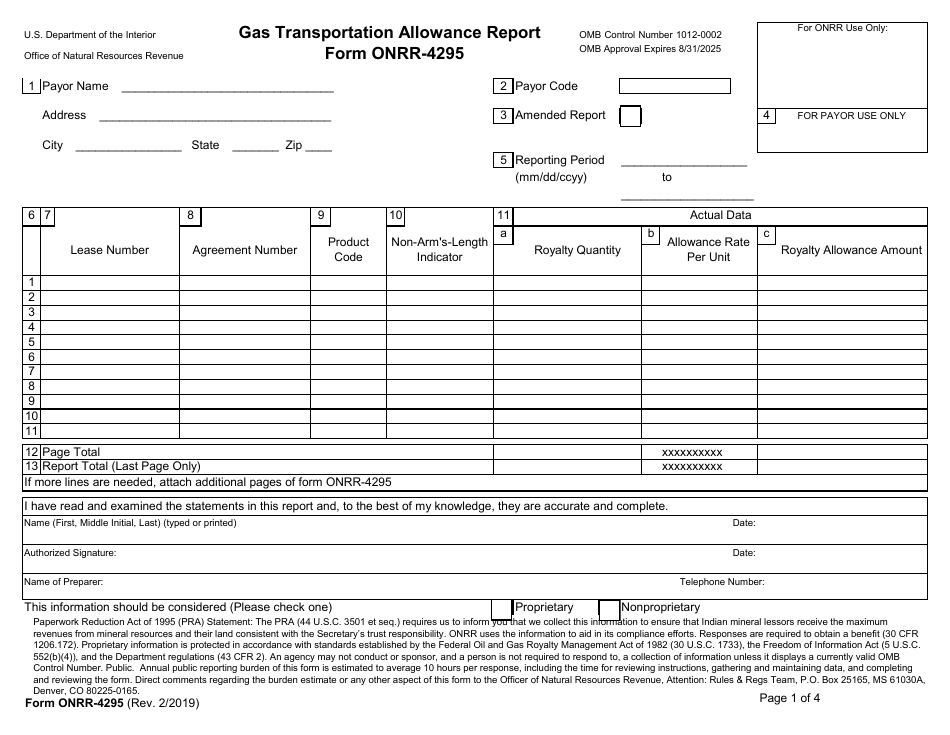 Form ONRR-4295 Gas Transportation Allowance Report, Page 1
