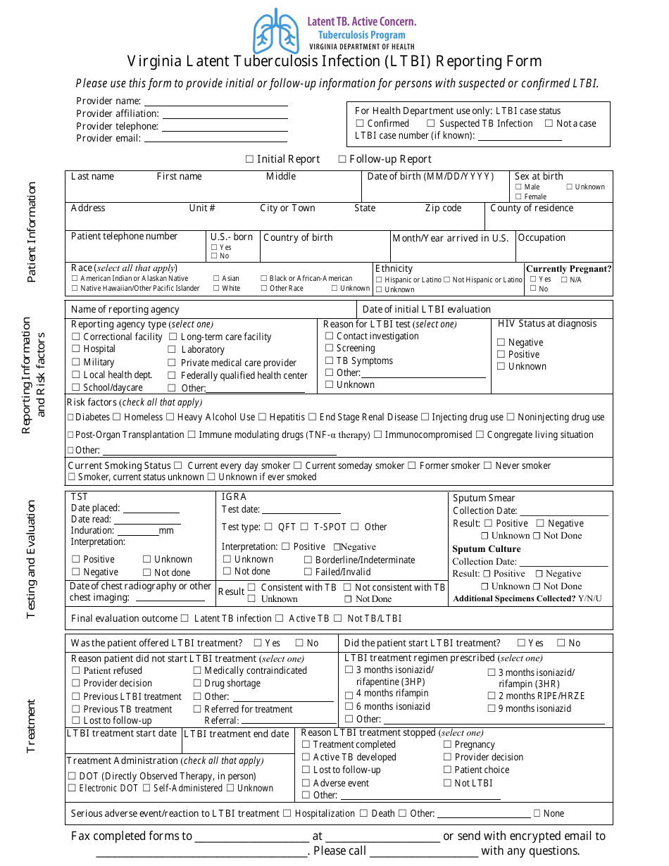 Virginia Latent Tuberculosis Infection (Ltbi) Reporting Form - Virginia, Page 1