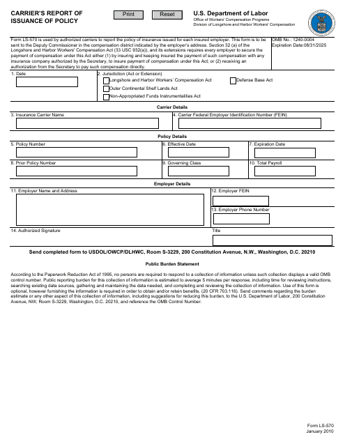 Form LS-570 Carrier's Report of Issuance of Policy