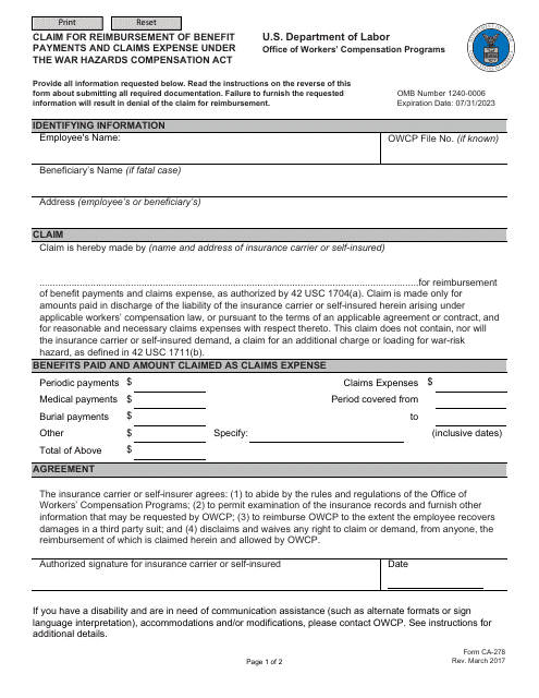 Form CA-278  Printable Pdf