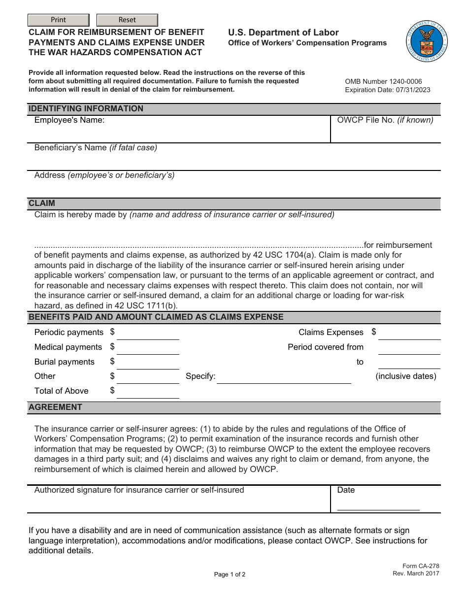 Form CA-278 Claim for Reimbursement of Benefit Payments and Claims Expense Under the War Hazards Compensation Act, Page 1