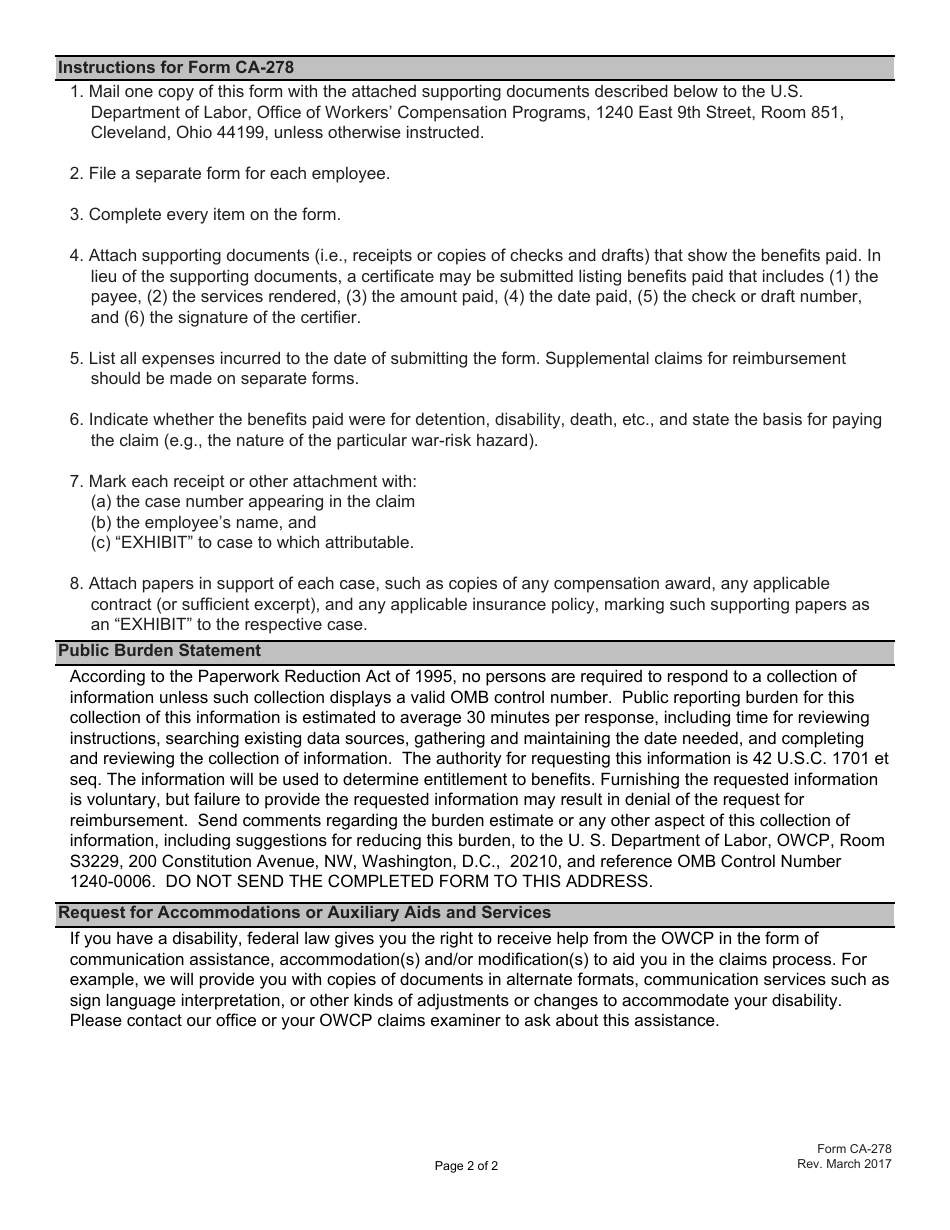 Form CA-278 Claim for Reimbursement of Benefit Payments and Claims Expense Under the War Hazards Compensation Act, Page 2