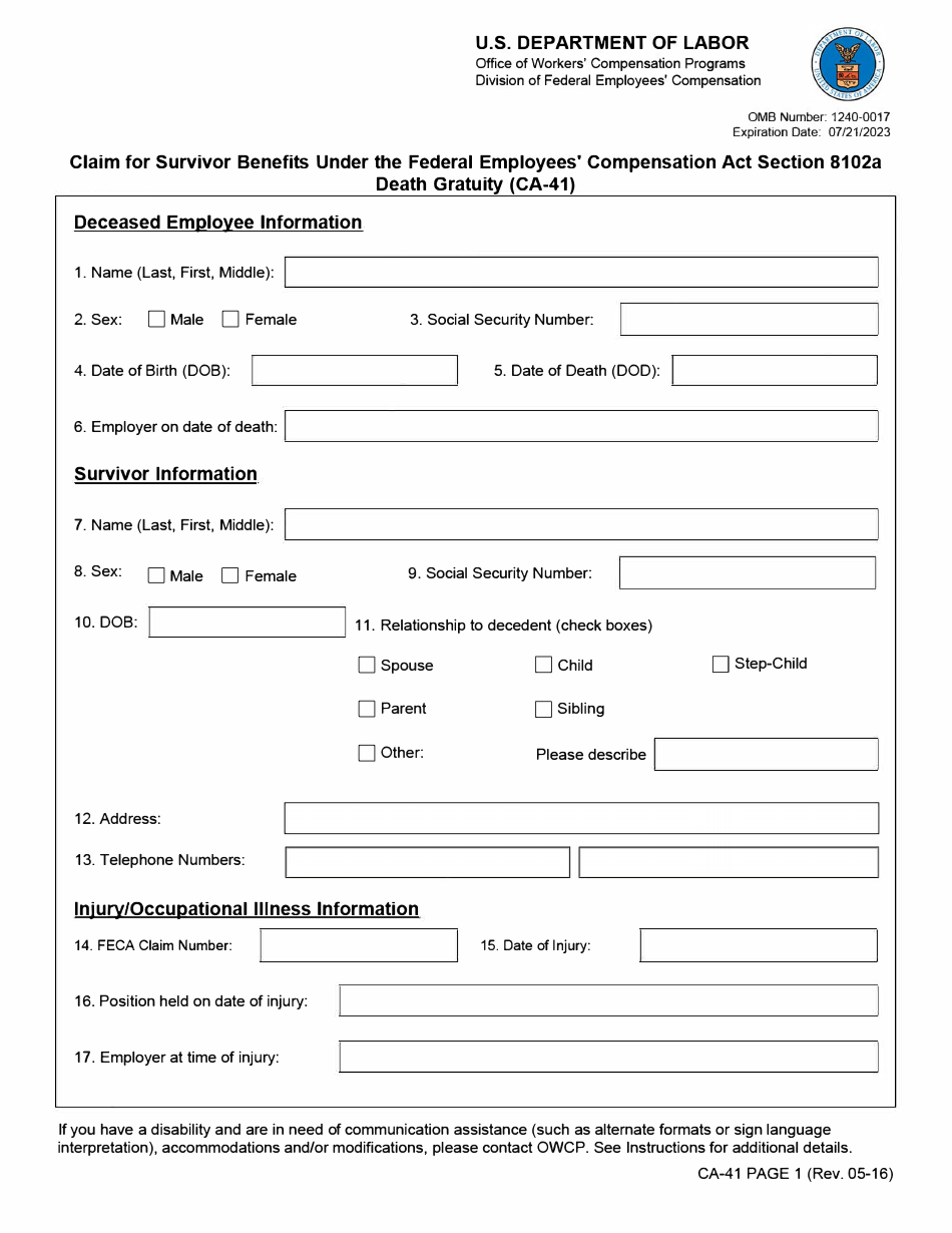 Form CA-41 Claim for Survivor Benefits Under the Federal Employees Compensation Act Section 8102a Death Gratuity, Page 1