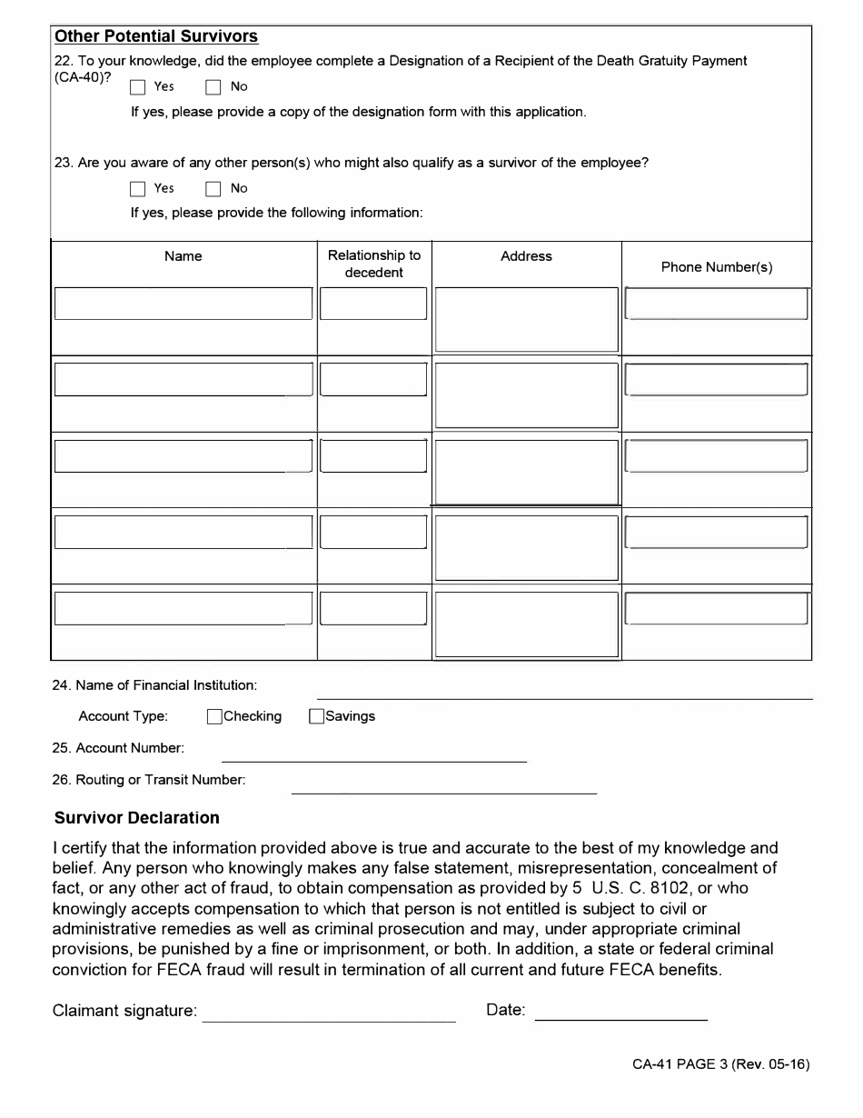 Form CA-41 Claim for Survivor Benefits Under the Federal Employees Compensation Act Section 8102a Death Gratuity, Page 3