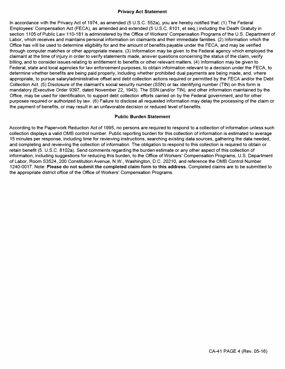 Form CA-41 Claim for Survivor Benefits Under the Federal Employees Compensation Act Section 8102a Death Gratuity, Page 4