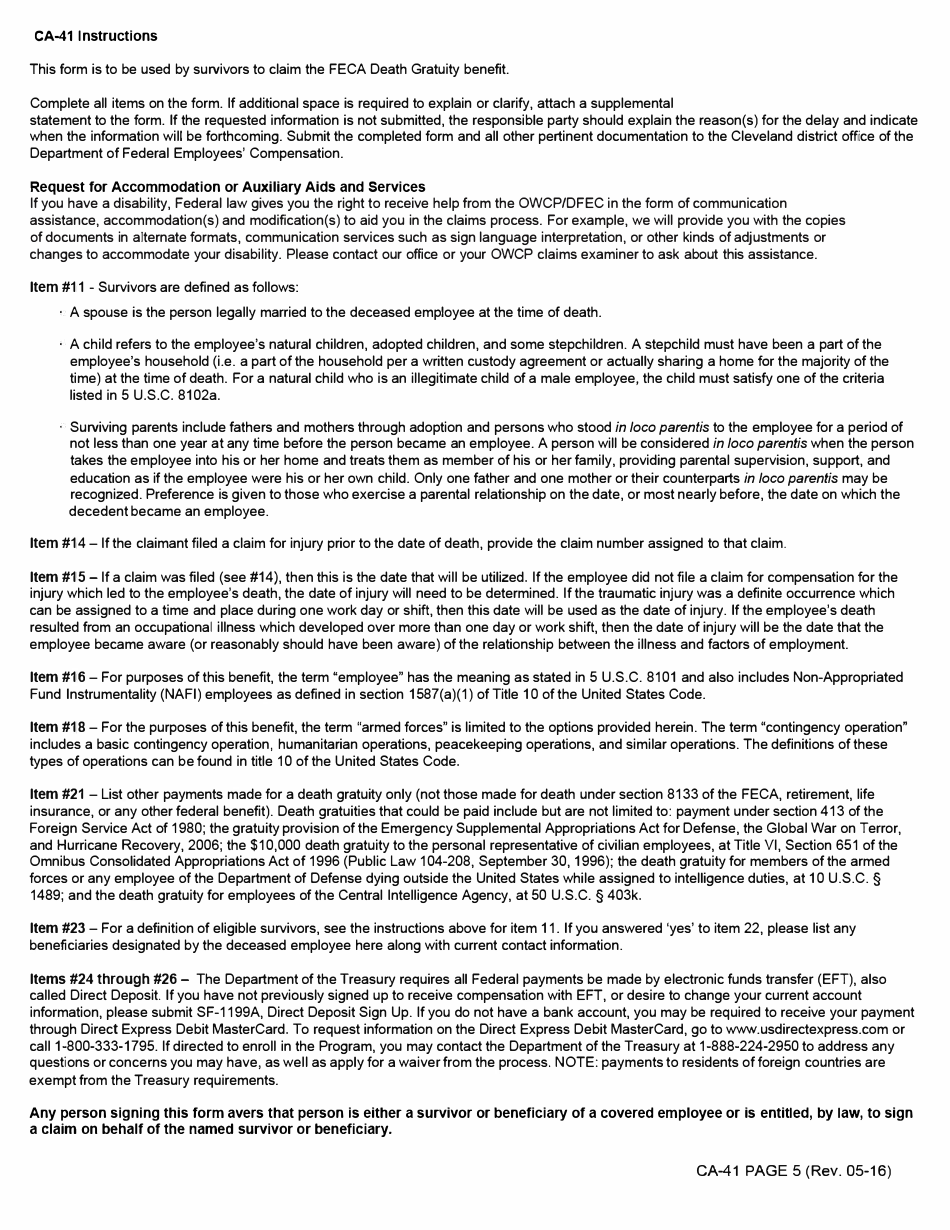 Form CA-41 Claim for Survivor Benefits Under the Federal Employees Compensation Act Section 8102a Death Gratuity, Page 5