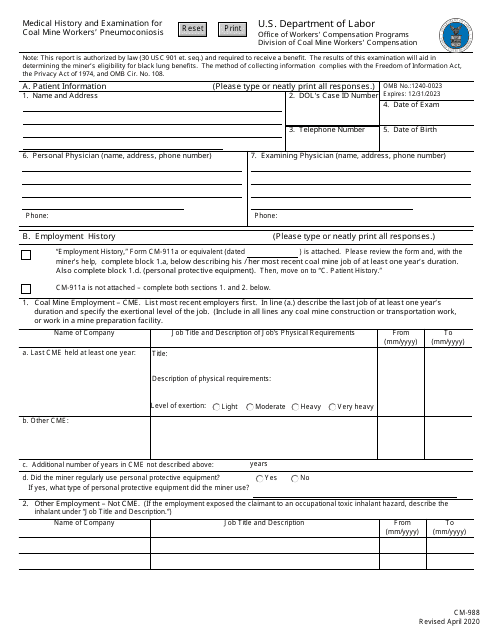 Form CM-988 Medical History and Examination for Coal Mine Workers' Pneumoconiosis