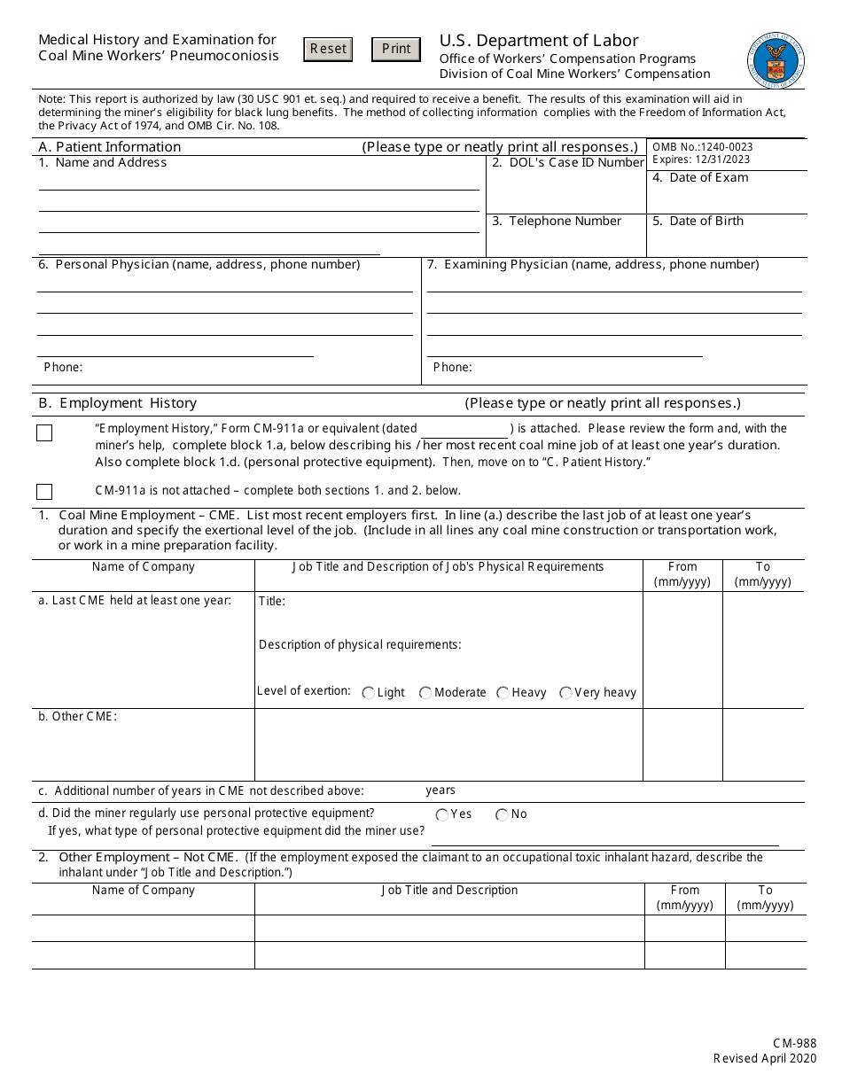 Form CM-988 Medical History and Examination for Coal Mine Workers Pneumoconiosis, Page 1