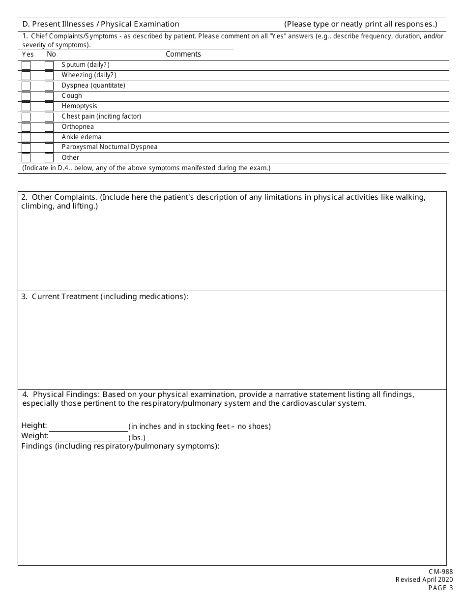 Form CM-988 Medical History and Examination for Coal Mine Workers Pneumoconiosis, Page 3