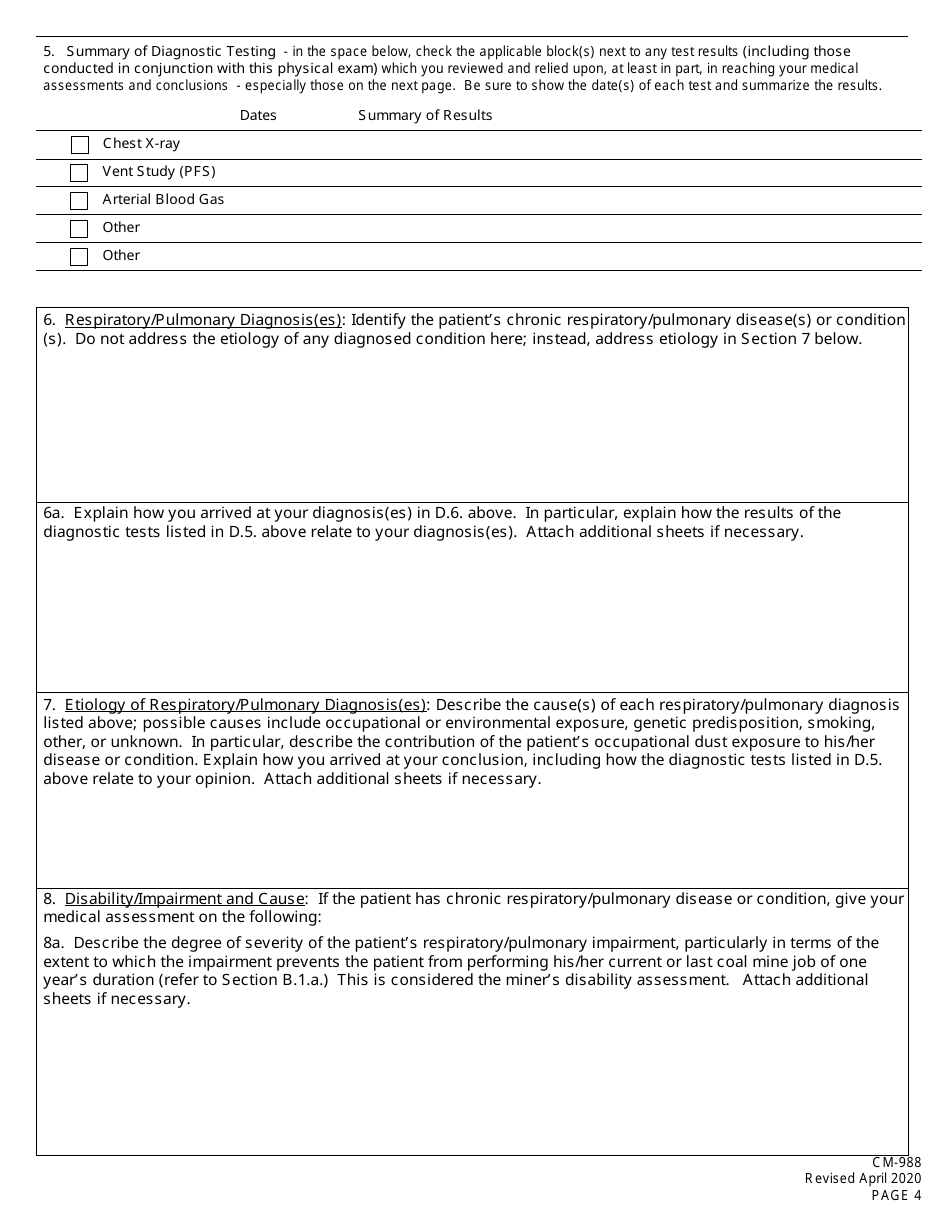 Form CM-988 Medical History and Examination for Coal Mine Workers Pneumoconiosis, Page 4