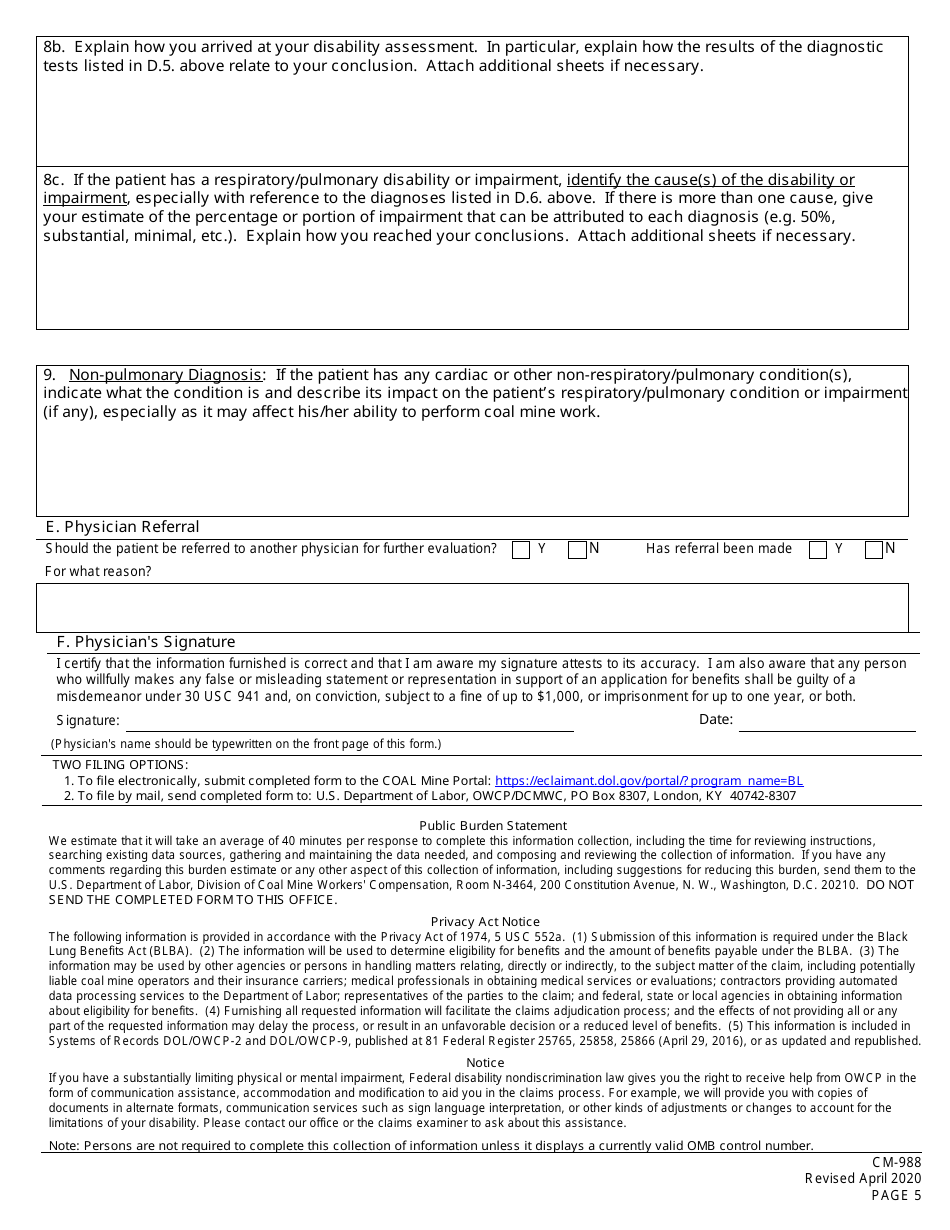 Form CM-988 Medical History and Examination for Coal Mine Workers Pneumoconiosis, Page 5