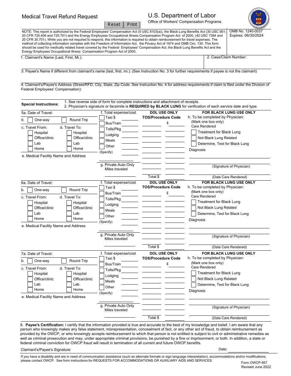 Form OWCP-957 Download Fillable PDF or Fill Online Medical Travel ...