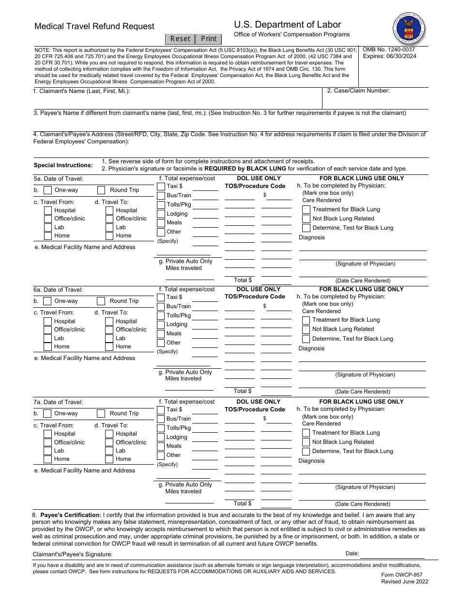 Form OWCP-957 Medical Travel Refund Request, Page 1