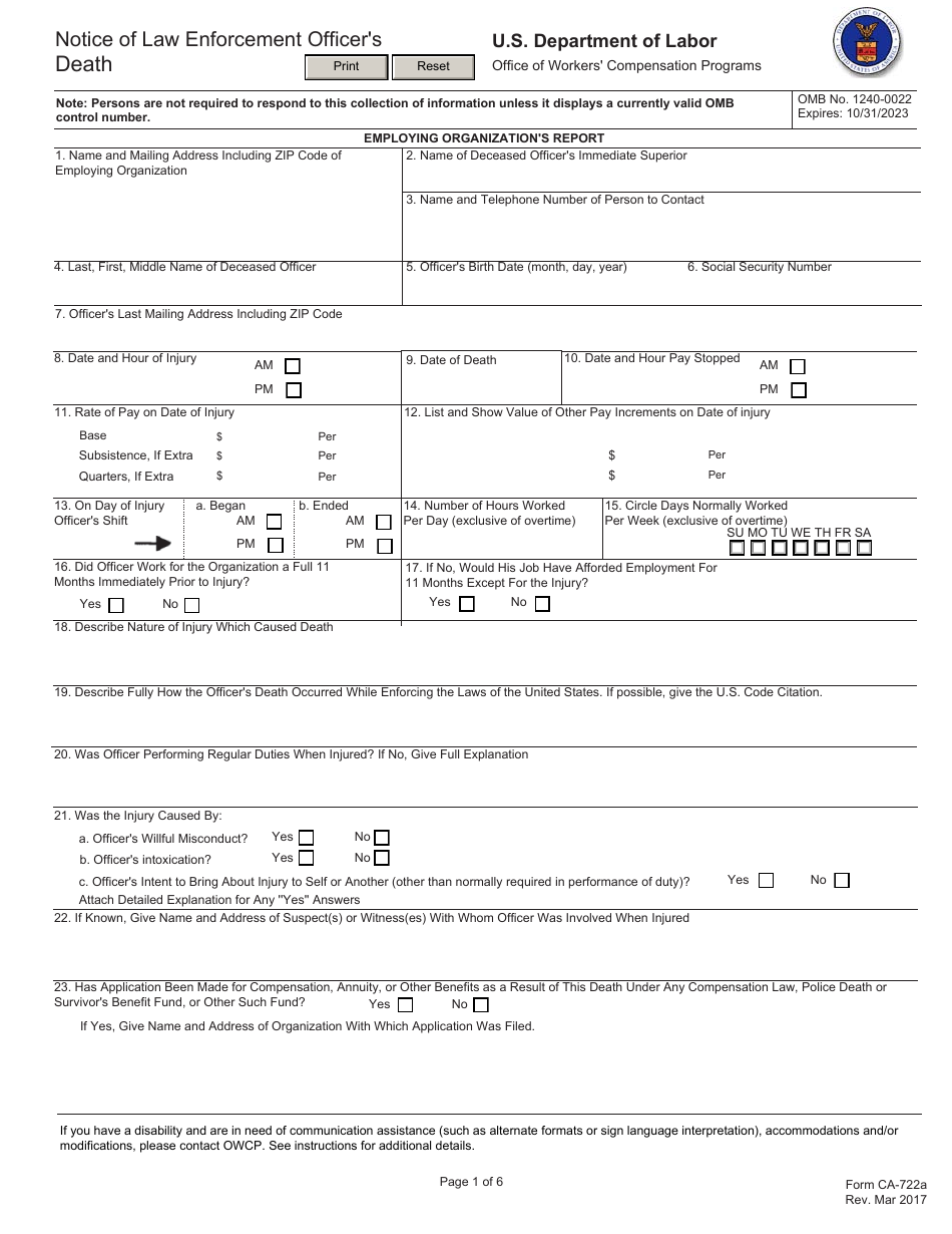 Form CA-722 Notice of Law Enforcement Officers Death, Page 1