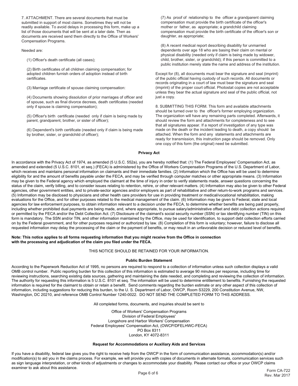 Form CA-722 Notice of Law Enforcement Officers Death, Page 6