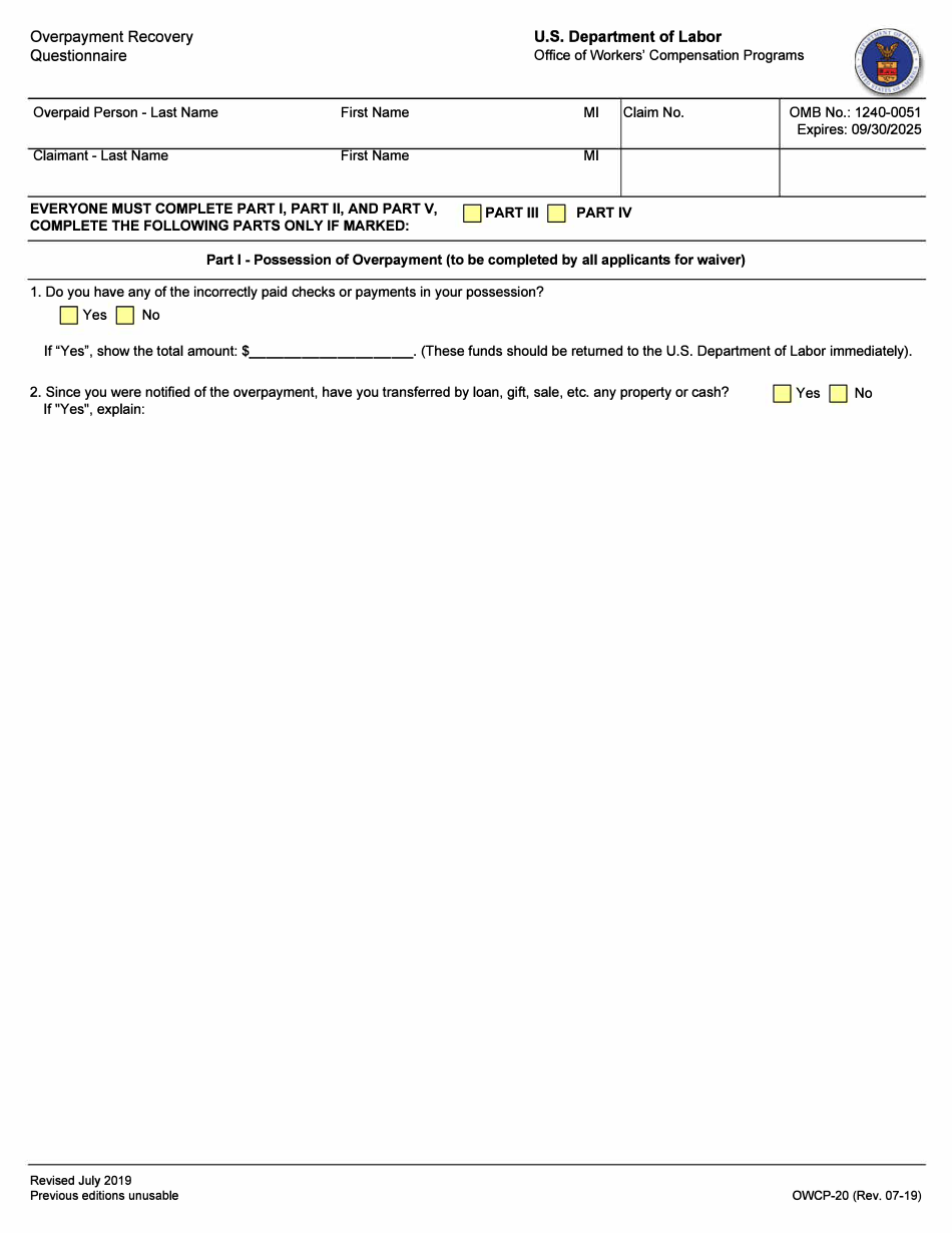 Form OWCP-20 Overpayment Recovery Questionnaire, Page 1