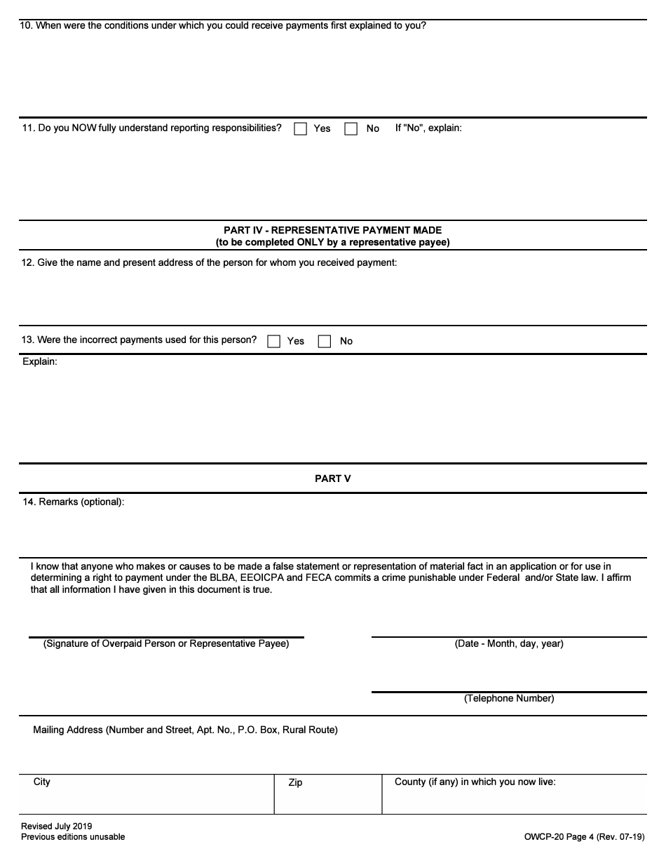 Form OWCP-20 Overpayment Recovery Questionnaire, Page 4