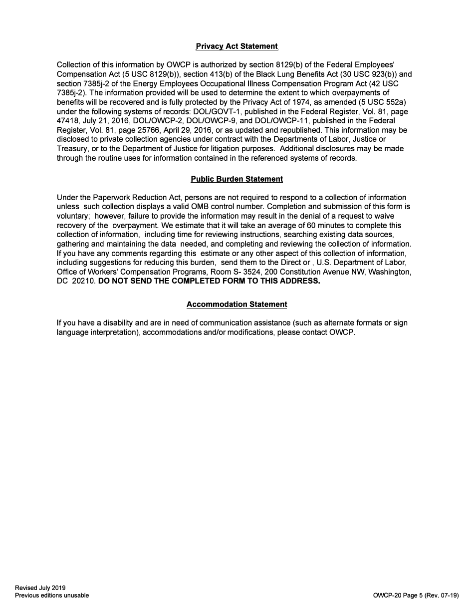 Form OWCP-20 Overpayment Recovery Questionnaire, Page 5