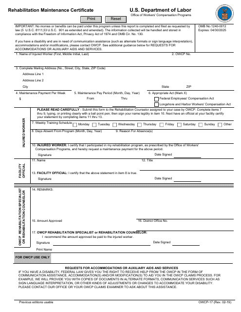 Form OWCP-17 Rehabilitation Maintenance Certificate