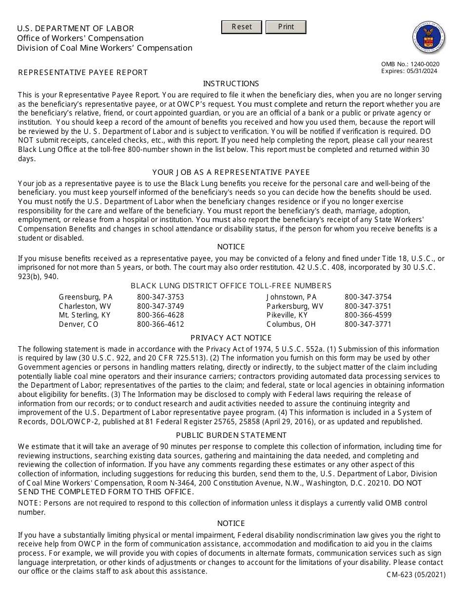 Form CM-623 Representative Payee Report, Page 1