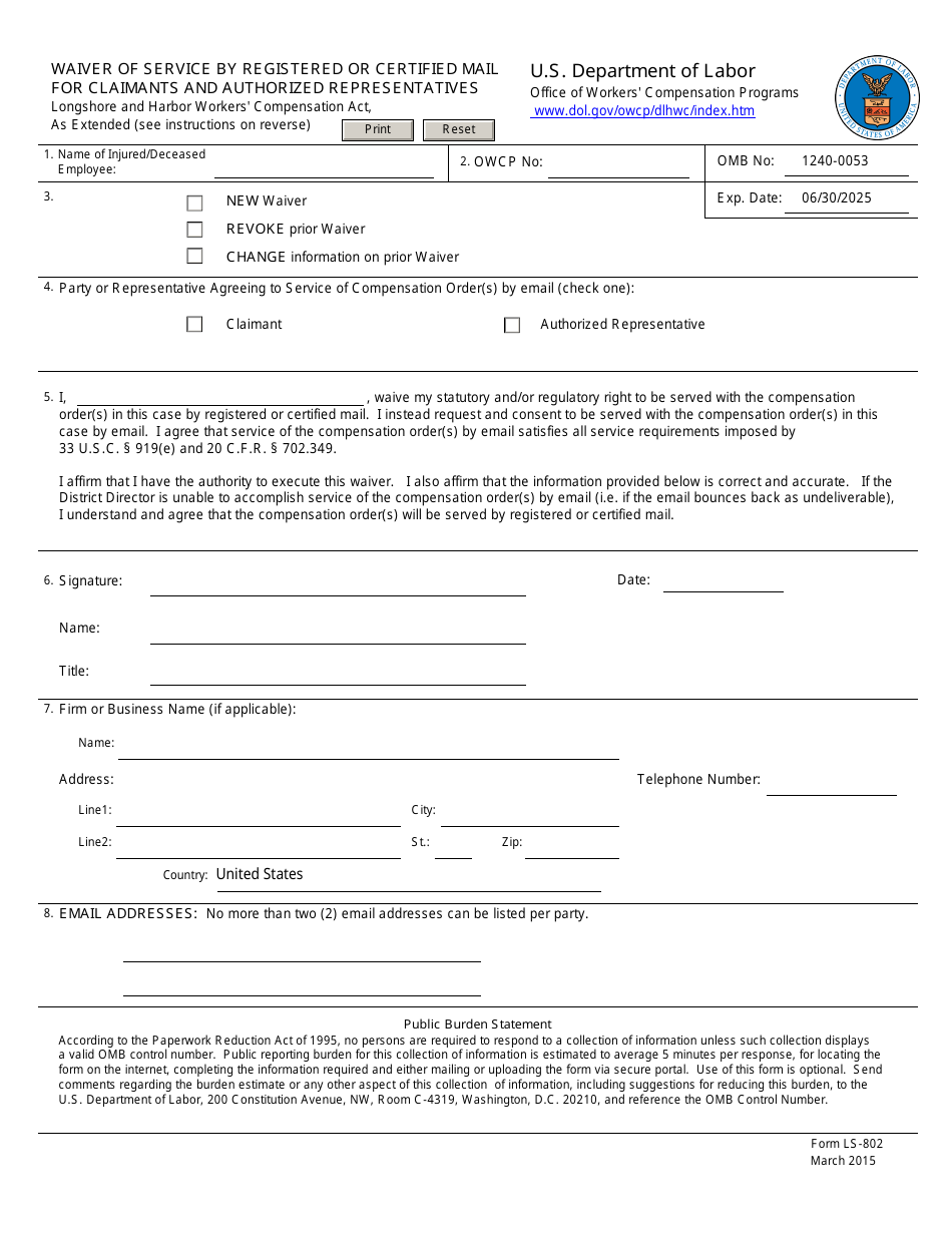 Form LS-802 Waiver of Service by Registered or Certified Mail for Claimants and Authorized Representatives, Page 1