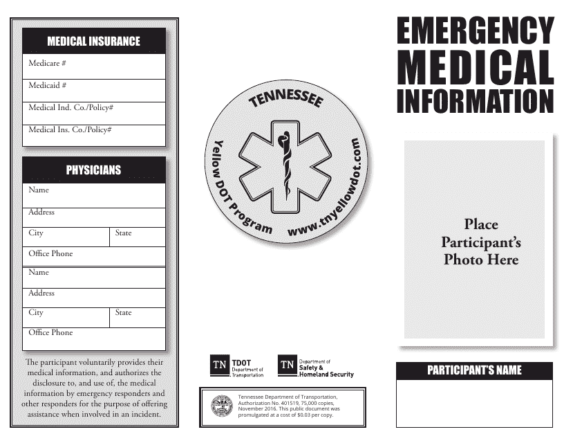 Emergency Medical Information Form - Yellow Dot Program - Tennessee