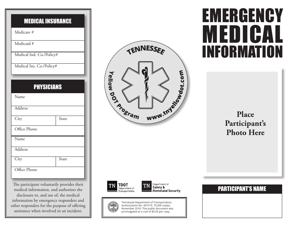 Tennessee Emergency Medical Information Form Yellow Dot Program Fill Out, Sign Online and