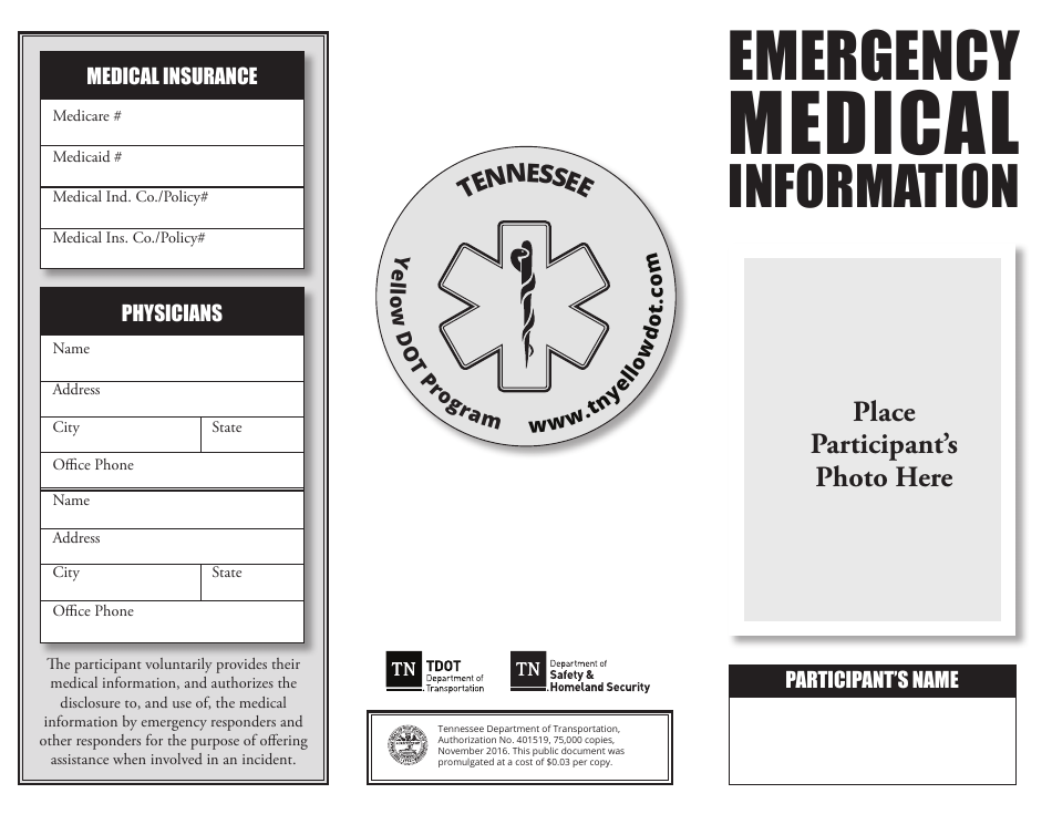 Emergency Medical Information Form - Yellow Dot Program - Tennessee, Page 1